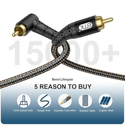EMK 90 Degree RCA Subwoofer Cable 24K Gold-Plated Connector Nylon Braided Double Shielded – Support Digital & Analog Signals for Amplifier, Home Theater, Hi-Fi System,Subwoofer Black/25ft/8m