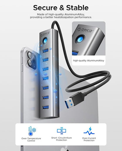 ORICO Aluminum 7-Port USB Hub with 1.64Ft Cable, Multiple USB 3.0 Hub, 5Gbps Data Transfer, 5V 3A Type-C Port, UBS-A Splitter for PC, Laptop, Desktop