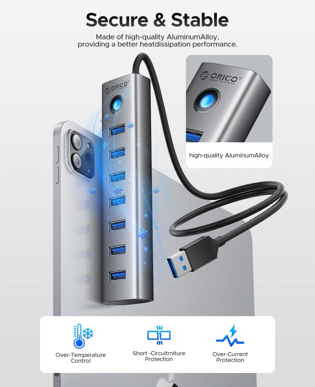 ORICO 7-Port USB 3.0 Hub, Aluminum USB Multiple Adapter, 5Gbps USB Extender USB Splitter with 1.64Ft Cable, UBS-A Hub Long Cable for Desktop, PC, Flash Drive, Mobile HDD, Windows/XPS