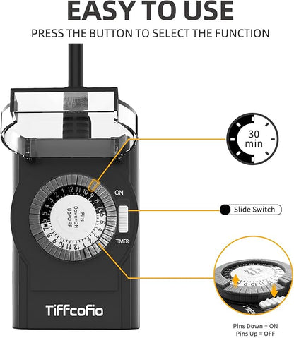 Outdoor Timer Outlet Waterproof, 24 Hour Mechanical Light Timer Outdoor, 2 Grounded Outlets for Home and Garden, 15A 1/2HP, Heavy Duty, ETL Listed (1 Pack)