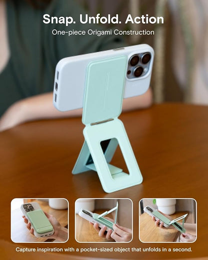 MOFT Phone Stand, Magnetic Phone Tripod Stand Stain-Resistant MOVAS Leather & Angle Adjustment & Strong Magnets Tripod for iPhone 16/15/14/13/12 (Included Metal Ring)-Peach Pink