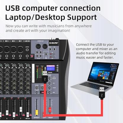 G-MARK MR80S Audio Mixer Interface USB Bluetooth Mixing Console 8 Channel 48V Phantom Power Sound Board Music Reverb For PC Stage DJ Studio Sound Controller Analog Mixer