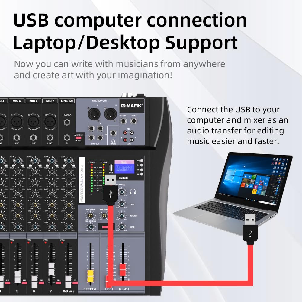 G‑MARK MR80S 8‑Channel Analog Audio Mixer, USB Bluetooth Mixing Console with 48V Phantom Power & Reverb Effect, Sound Board Controller for PC Recording, Stage DJ, Live Streaming & Studio