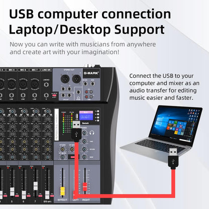 G‑MARK MR80S 8‑Channel Analog Audio Mixer, USB Bluetooth Mixing Console with 48V Phantom Power & Reverb Effect, Sound Board Controller for PC Recording, Stage DJ, Live Streaming & Studio