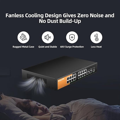 16 Port Gigabit PoE Switch Unmanaged, 16 PoE+ Ports @240W, 2 Gigabit Uplink Ports and 1 SFP Slot, 802.3 at/af Compliant, Fanless & Metal Housing, Desktop or Rackmount