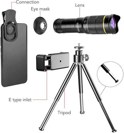 Portable 32X Phone Camera Lens HD Zoom Lens Clip On, Double Adjustment Eyepiece System, Large Aperture Objective Lens, Multiple Use Modes, Widely Applicable for Photo Video