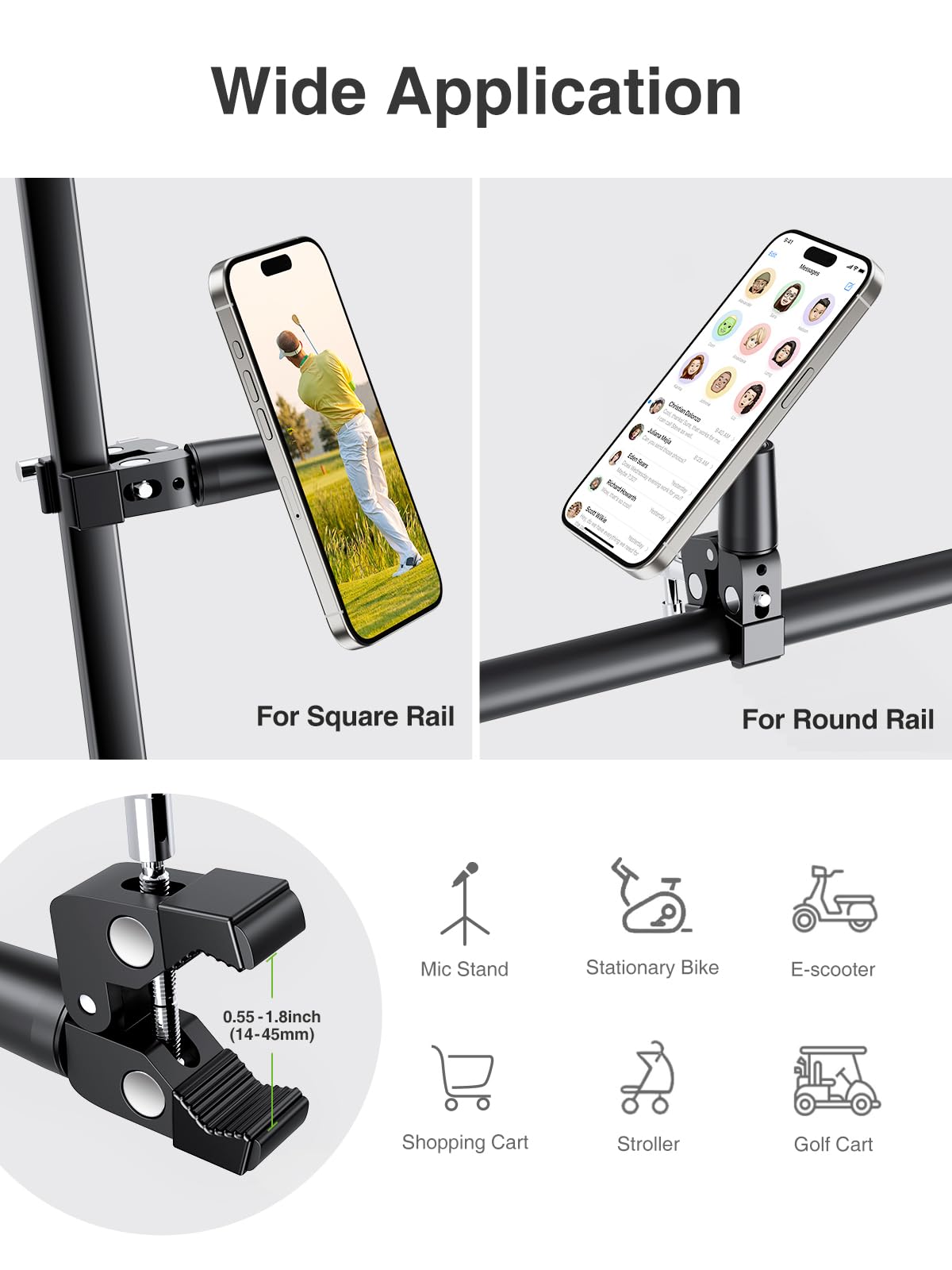 elitehood Magnetic Phone Clamp Mount, Adjustable Phone Holder for Mic Stand/Music Stand/Golf Cart/Treadmill/Stroller/Shopping Cart/Stationary Bike, iPhone Clamp Mount for Magsafe iPhone 16 15 14