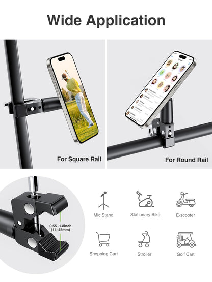 elitehood Magnetic Phone Clamp Mount, Adjustable Phone Holder for Mic Stand/Music Stand/Golf Cart/Treadmill/Stroller/Shopping Cart/Stationary Bike, iPhone Clamp Mount for Magsafe iPhone 16 15 14