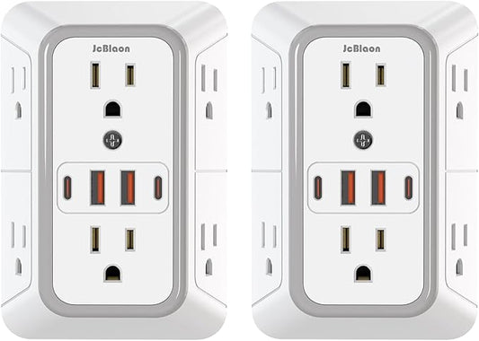 2 Pack Outlet Extender Surge Protector, 6 Outlet Splitter with 4 USB Outlet (2 USB A,2 USB C), 3Sided Power Strip with Adapter Spaced Outlets for Home, Office, Travel(White)-ETL