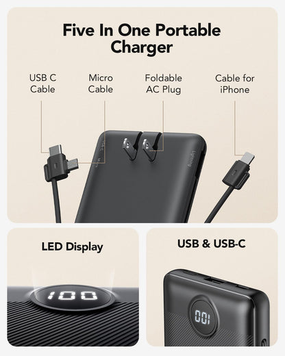 VRURC Portable Charger, Power Bank Built-in Cables and AC Wall Plug