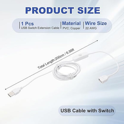 MECCANIXITY USB Extension Cable with ON/Off Button Switch 2m USB Male to Female Extension Cord for Desk Lamp Fan LED Light Strip White Pack of 1