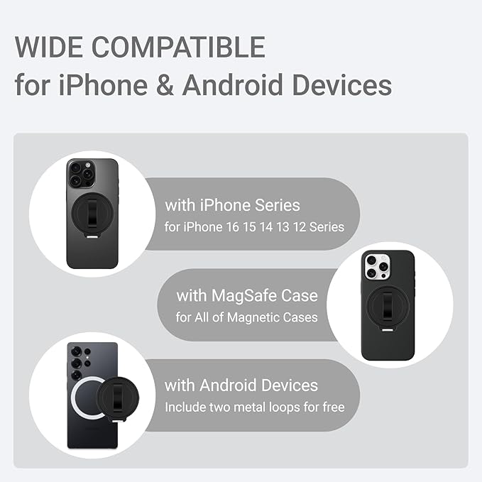 Grat 3 Upgraded Magnetic Phone Grip Stand, 360° Rotatable Silicone Strap Phone Loop Holder, Detachable Ring Kickstand Compatible with Magsafe iPhone 16 15 14 13 12 Pro/max, Black