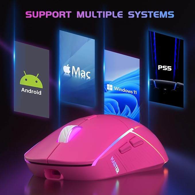FFJ Wireless Gaming Mouse, 24000 DPI, Tri-Mode 2.4G/USB-C/Bluetooth 5.3 Gaming Mouse Wireless, RGB Programmable Mouse Gamer, 75Hrs Battery Life, Rechargeable Gaming Mice for PC, Mac, PS5, Xbox-Magenta