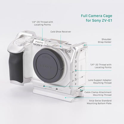 Tilta Full Camera Cage for ZV-E1 | Cold Shoe, NATO Rail, M3 and 1/4"-20 Threads Mounts | Silver