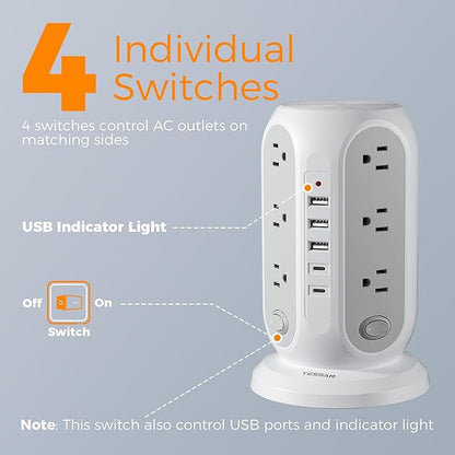 TESSAN Tower Power Strip with Individual Switches, Surge Protector with 12 Outlets, 5 USB Ports(2 USB C), Flat Extension Cord 10 Ft, Flat Plug, Charging Station for Multiple Devices, for Office, Dorm
