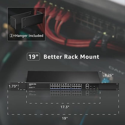 24 Port Gigabit PoE Switch,AUMOX PRO 28 Port PoE with 2 x Uplink Gigabit Ports, 2 x 1G SFP Slots 400W SG528P ,Plug and Play,Metal Case Desktop, Wall Mount or Rackmount Network Switch,802.3af/at
