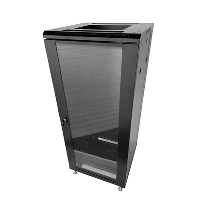 GlobalRack 27U Server Cabinet, Glass Door, Locking Casters, 2 Fans