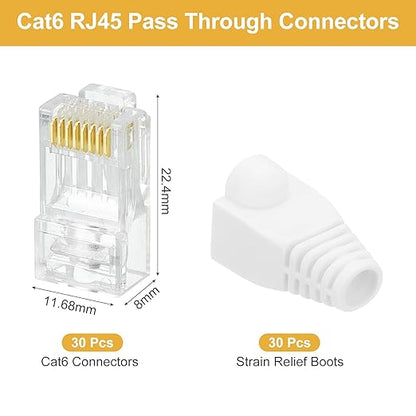 MECCANIXITY 30pcs Cat6 RJ45 Pass Through Connectors, RJ45 Connector 8P8C Gold Plated Plugs with 30pcs White Strain Relief Boots for Solid or Stranded UTP Ethernet Cable, 1.1mm