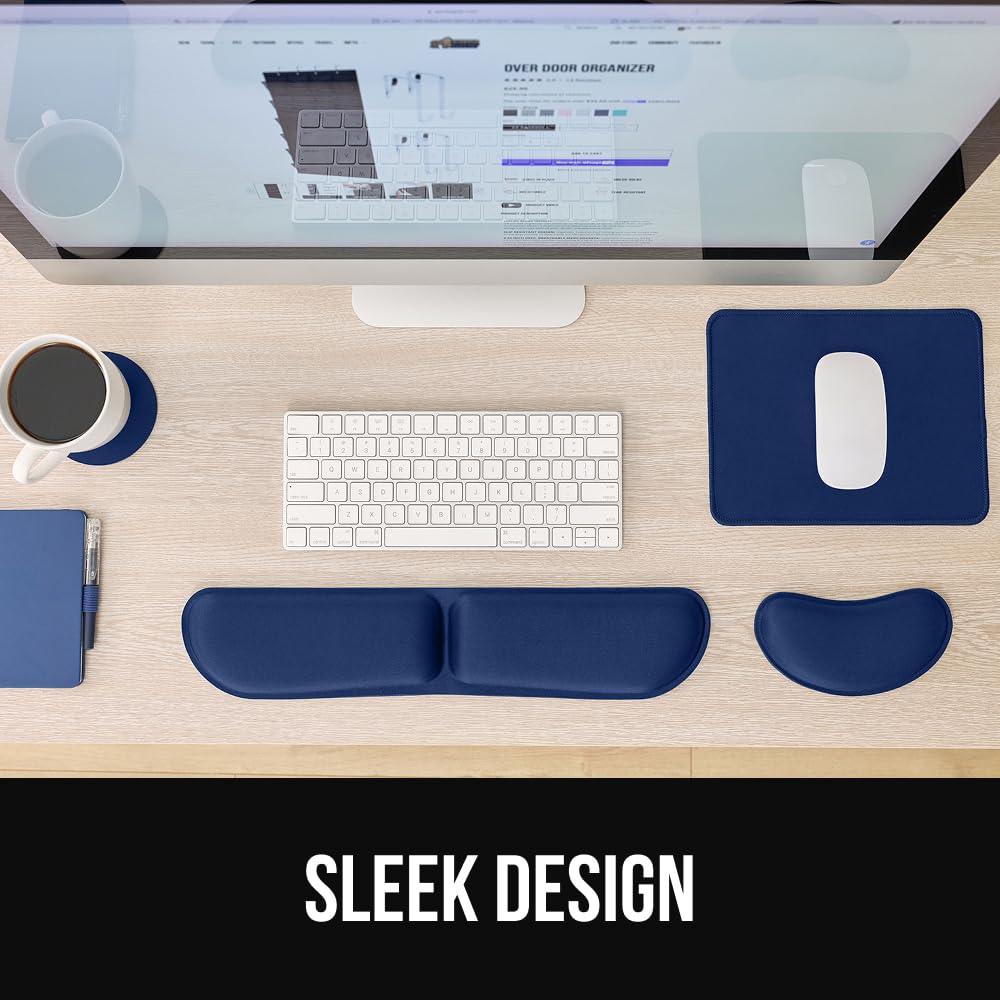 GORILLA GRIP Silky Memory Foam Keyboard Wrist Rest and Mouse Pad for Computer, Ergonomic Typing Support, Desk Office Supplies Gaming Accessories, Hand & Arm Mousepad Cushions and Coaster Set Navy Blue