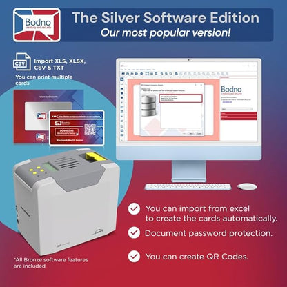 Bodno Seaory S25 Single Sided ID Card Printer & Complete Supplies Package ID Software and Camera - Silver Edition