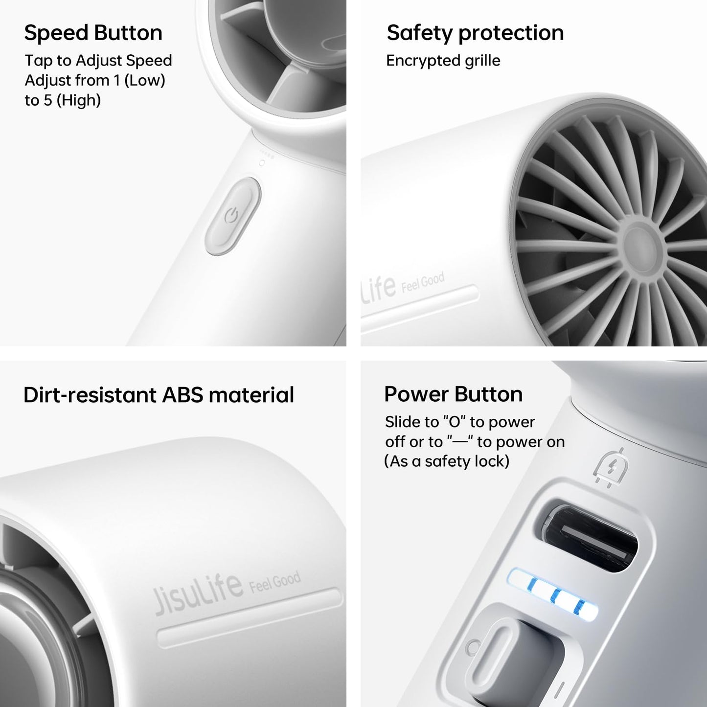 JISULIFE Portable Handheld Fan, 22H Max Runtime, 5-Speed - Gray