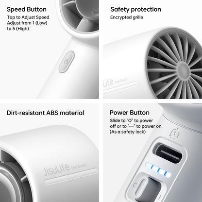 JISULIFE Portable Handheld Fan, 22H Max Runtime, 5-Speed - Gray
