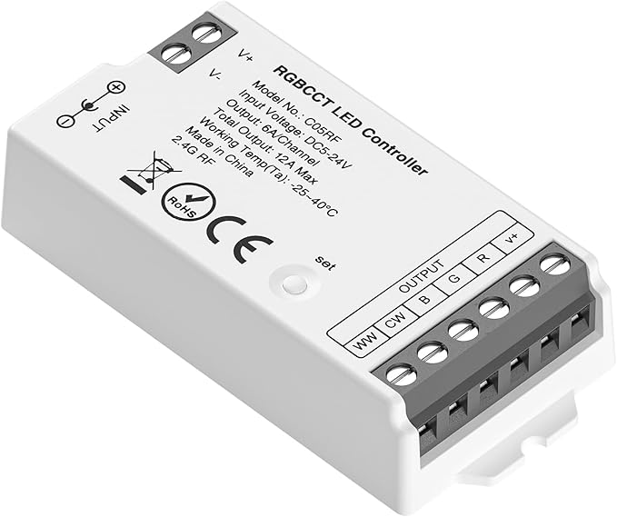 BTF-LIGHTING C05RF Tuya Controller Support PWM 5050SMD FCOB COB RGBCCT (+ R G B C W) 6pin LED Strip Bulb Support with WR02RF RC03RFB RF Remote DC5V/12V/24V Max 12A Indoor Use Only(NO Remote NO Power)
