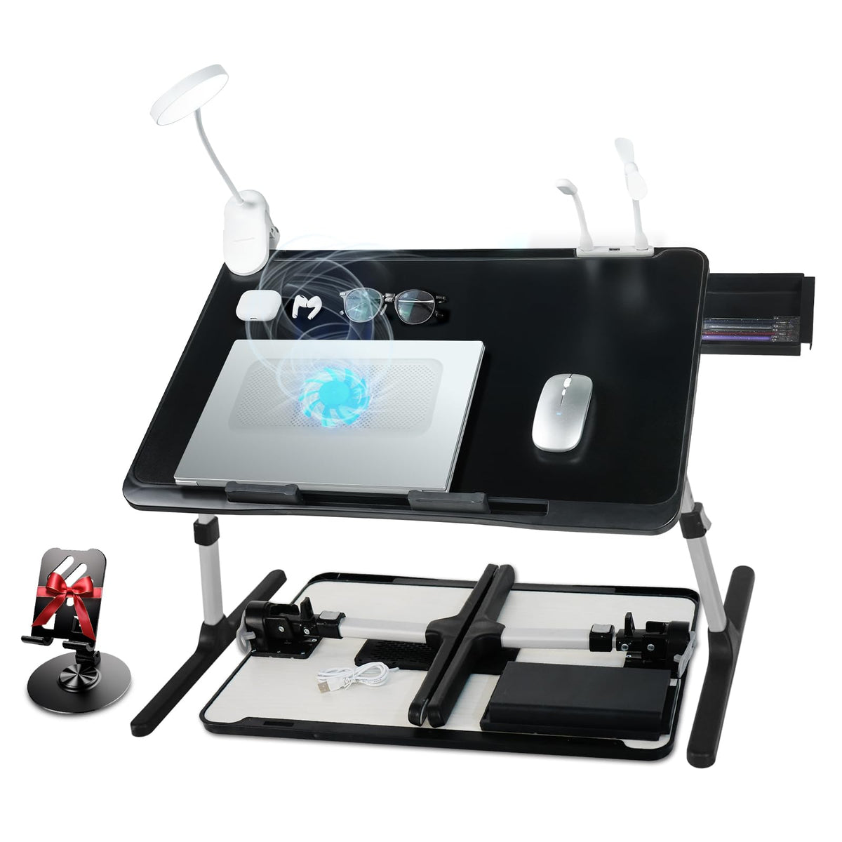 iXTRA Adjustable Laptop Lap Desk with Cooling Fan USB Light for Adults 60x40cm,Grey