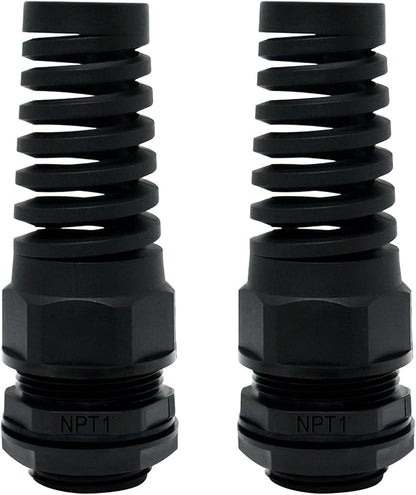 LeMotech 2Pcs NPT 1" IP68 Waterproof Cable Gland Flex Spiral Strain Relief Black Nylon Joint with Gaskets for 18-25mm Wire Thread