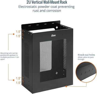 Tecmojo 2U Vertical/Horizontal Wall Mountable Server Rack, with Vented Enclosure for 19" IT Equipment, Cable Modems, Telecom, A/V, Black