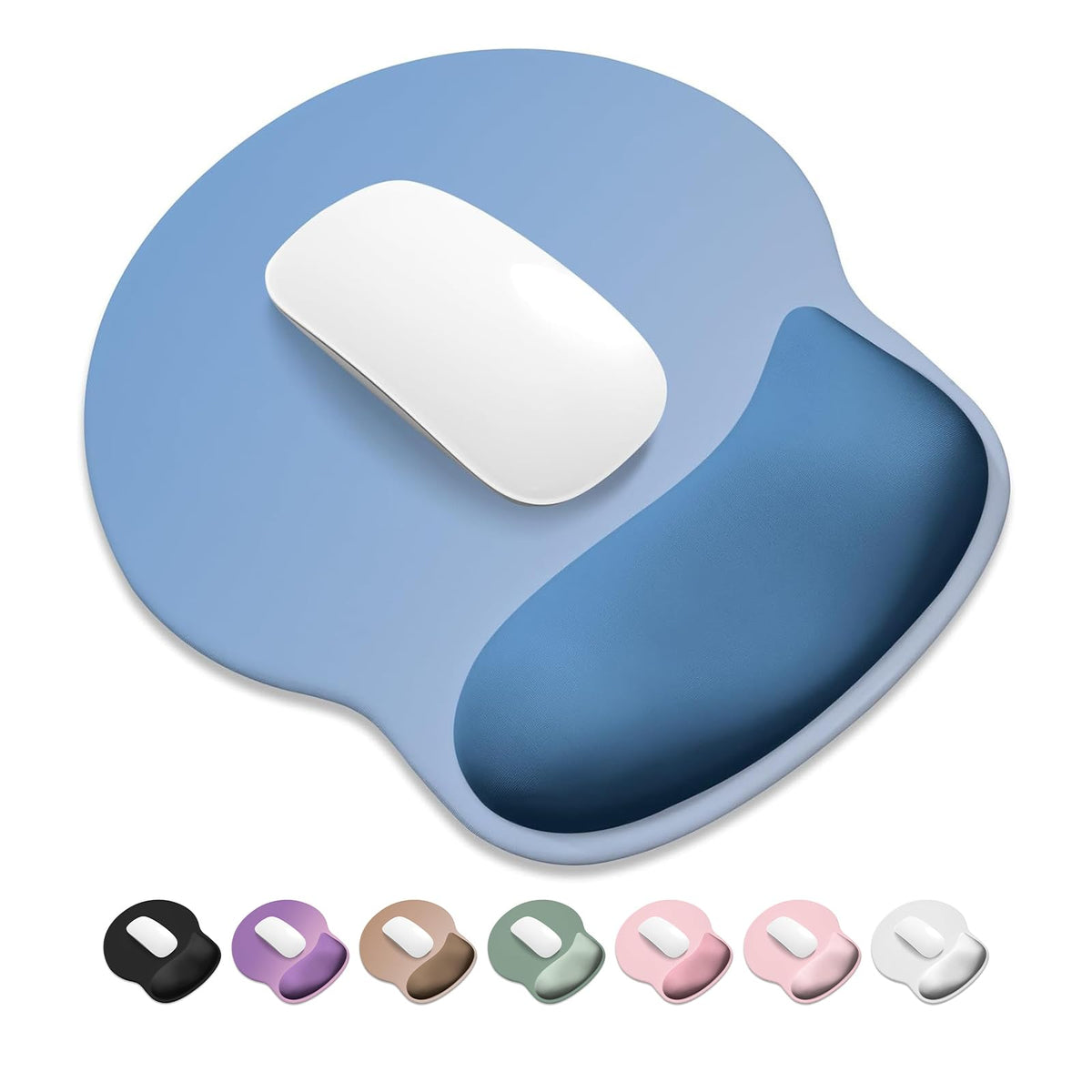 ITNRSIIET Ergonomic Mouse Pad with Wider Memory Foam Wrist Rest +17% - Curved Cushion Reduces Pressure 20%, Pain Relief, Non-Slip, Smooth, Cute Colors, 9.85 x 9 in, White