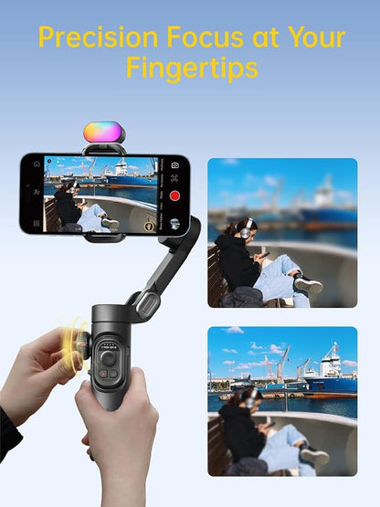 3-Axis Gimbal Stabilizer for Smartphone with RGB Magnetic Fill Light Upgraded Face Tracking Focus Wheel Foldable iPhone Gimbal for iPhone/Android Phone Stabilizer Vlog Recording Smart XE Kit