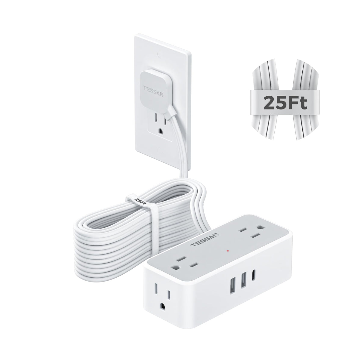 TESSAN Extension Cord 5 FT, Power Strip with 900J Surge Protection, Grey
