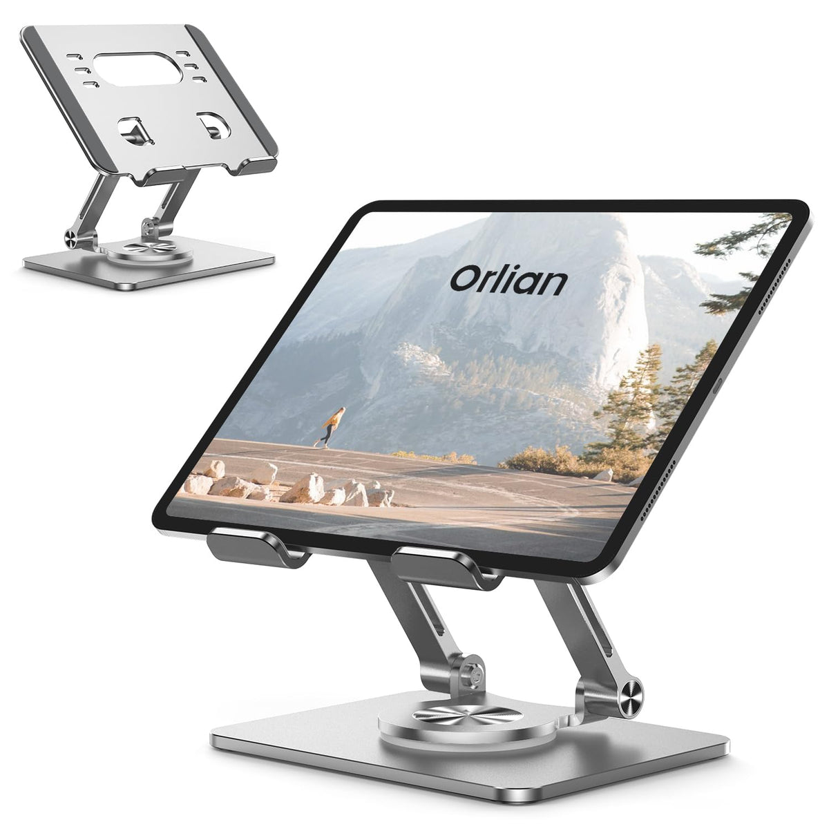 Orlian Tablet Stand Holder with Thickened 360°Rotating Base Dual Rod Adjustable 5.8-12.9”Aluminum Stand