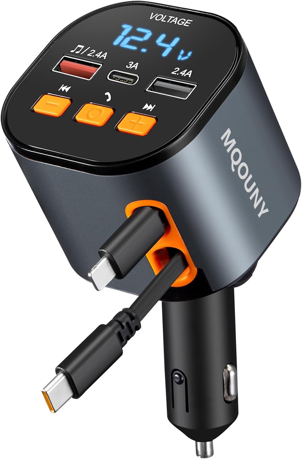 Retractable Car Charger,5 in 1 Fast Car Phone Charger 90W,Bluetooth 5.3 FM Transmitter Adapter,Handsfree Call,2 Retractable Cables and USB Cars Chargers for iPhone 17/16/15/14/13/Galaxy/Pixel