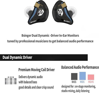 BASN Bsinger PRO in Ear Monitor Headphones for Musicians, Dynamic Driver Noise Isolating Earphones with 2 Detachable MMCX Cables (Black)