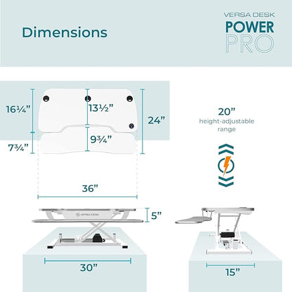 VRSADESK PowerPro™ Electric Standing Desk Converter - Height Adjustable Desk Riser with Keyboard Tray - Holds 80 lbs - Built-in USB Charging Port - Ergonomic Sit Stand Workstation | White (36 inch)