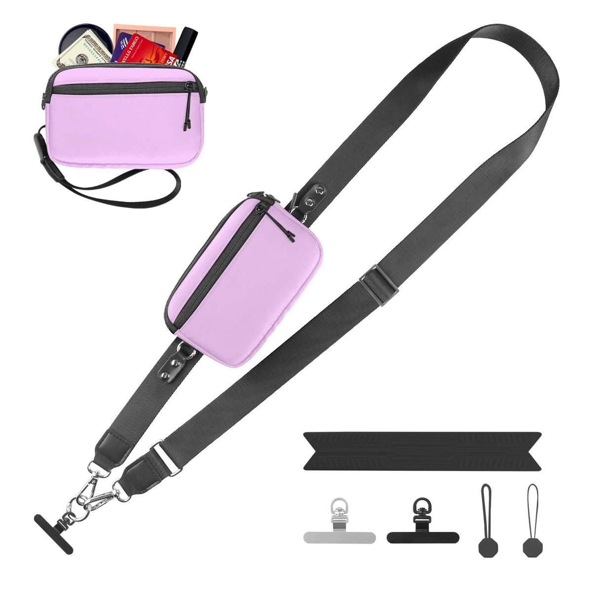 YFWE Clip and Go Strap for Phone with Wallet Crossbody, Adjustable Phone Lanyard with Detachable RFID Wristlet Wallet, Phone Strap with Phone Tabs for All Phones, Black Checkered (M)