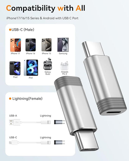 Temdan 4 Pack Lightning to USB C Adapter for iPhone 15/16/17 Pro/17 Pro Max,for iPhone 17/16 Charger,17/16 Accessories,Fast Charging & Data Transfer,USB C Charger Connector Cable,Not for OTG-Silver