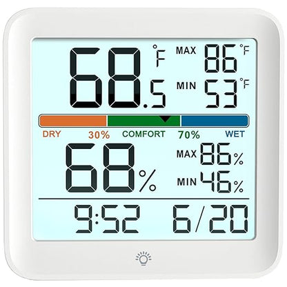 2 Pack Indoor Thermometer Room Temperature Home Hygrometer Humidity Gauge, Accurate with Calibration, Backlight, Air Comfort Indicator, 24H Max Min Records, Time, Date(AAA Batteries Included)