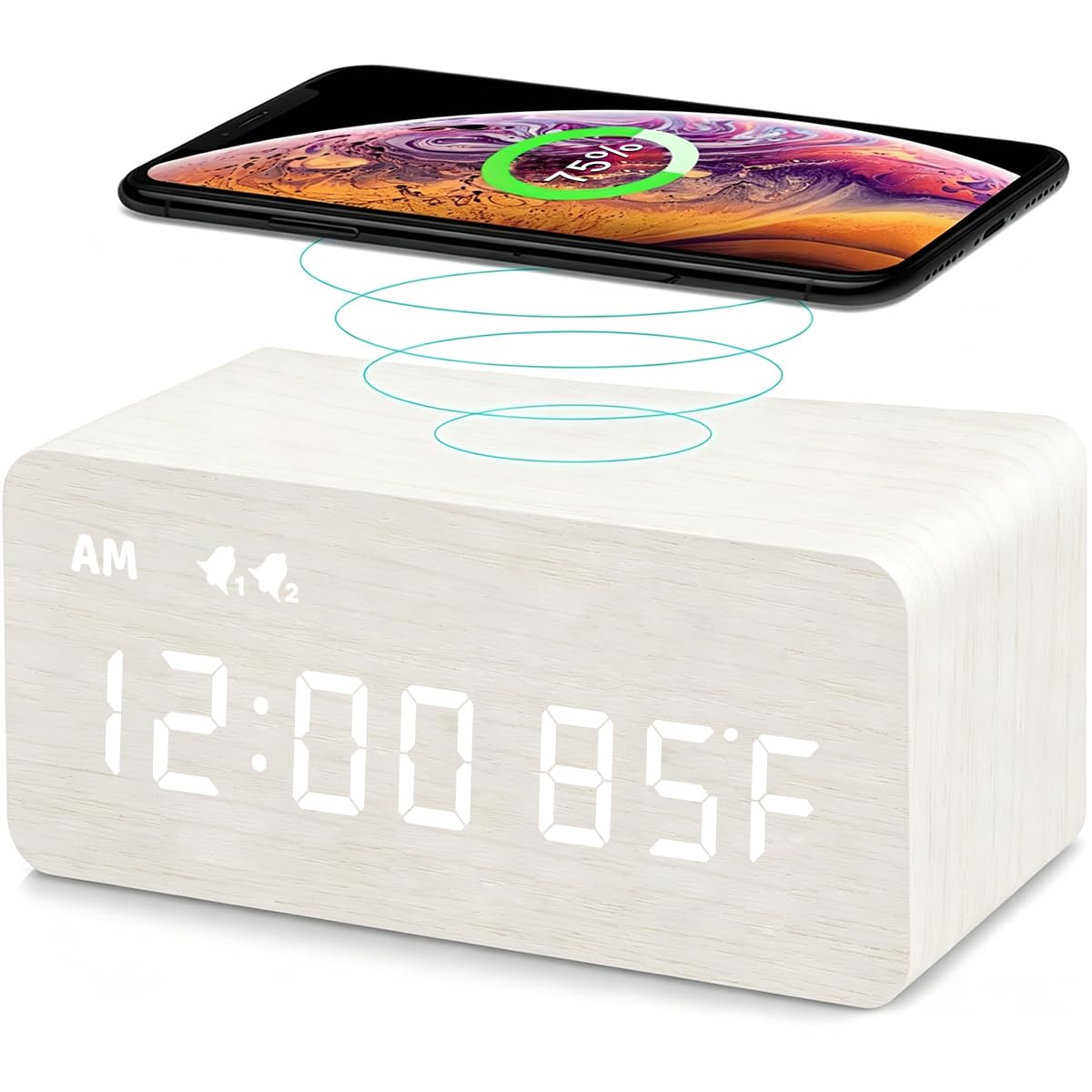 Premium White Wooden Digital Alarm Clock with Wireless Charging Pad, Time & Temperature Display, Dual Alarms & Snooze, Dimmable, Small LED Desk Clock for Bedroom Nightstand Bedside Living Room Table