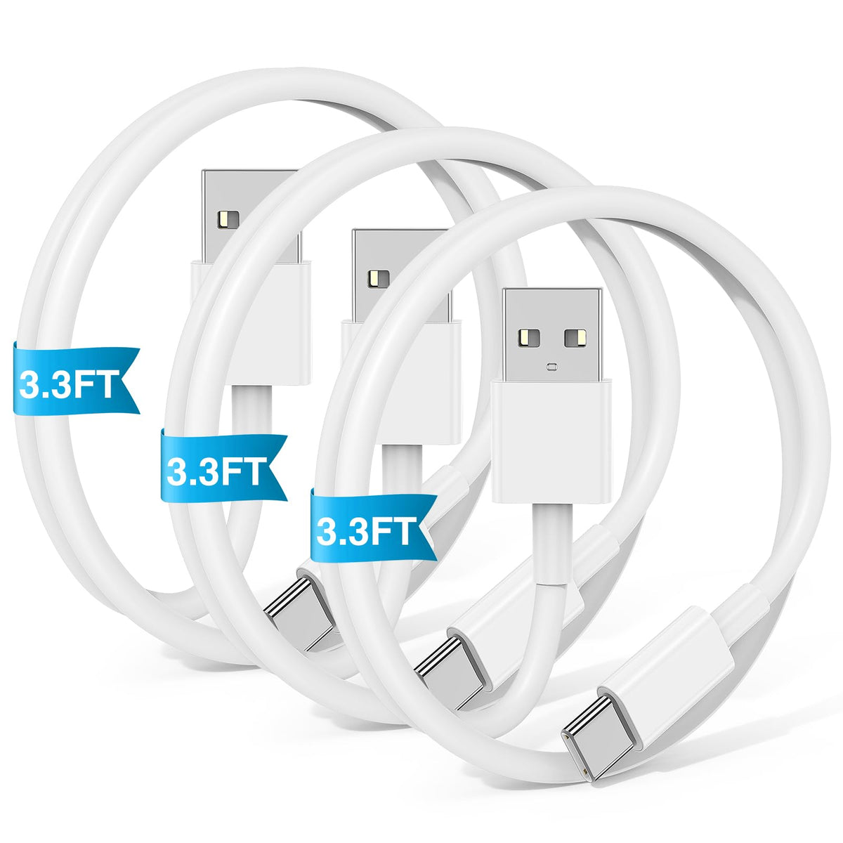 JERMASAL 3-Pack Blue [3.3FT+3.3FT+6FT] USB A to USB C Cable, Compatible with iPhone 15/16, iPad, Samsung, MacBook, PS5 and More, Fast Charging, Carplay Cable