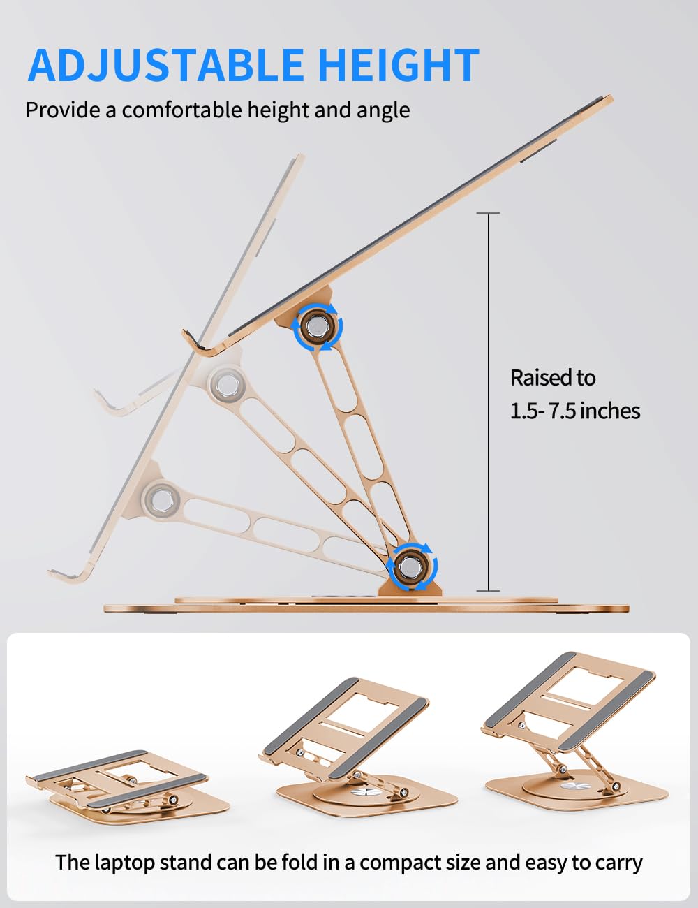 AOEVI Adjustable Laptop Stand with 360 Rotating Base, Computer Stand for Laptop Ergonimic Foldable Laptop Riser for Desk Compatible with MacBook Pro/Air Notebook up to 16 Inches, Gold
