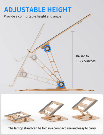 AOEVI Adjustable Laptop Stand with 360 Rotating Base, Computer Stand for Laptop Ergonimic Foldable Laptop Riser for Desk Compatible with MacBook Pro/Air Notebook up to 16 Inches, Gold