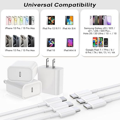 Fast USB C Charger Block,3Pack Long 6FT USB C to USB C Cable iPad Cord 20W iPhone 16 15 Charger Fast Charging for iPhone 16/16 Pro/15/15Pro/Pro Max/Plus,iPad 10th,iPad Air 5/4th,iPad Mini 6th,iPad Pro