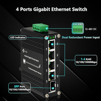 Mini Industrial 4 Port 10/100/1000Mbps Gigabit Ethernet Switch with SFP Din Rail/Wall-Mount 10/100/1000BASE-T RJ45 + 1 100/1000FX (SFP) Support 12-48V DC 10Gbps Switching Capacity