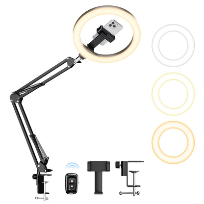 Upgrade Ring Light with Stand, Overhead Phone Mount for Desk, 10” Selfie Light with Stand Tripod for iPhone, Light with Phone Holder for Video Recording,Zoom Meeting,Live Streaming Tiktok,YouTube
