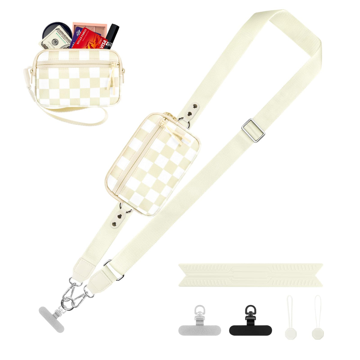 YFWE Clip and Go Strap for Phone with Wallet Crossbody, Adjustable Phone Lanyard with Detachable RFID Wristlet Wallet, Phone Strap with Phone Tabs for All Phones, Black Checkered (M)