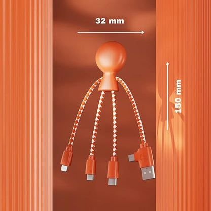 Multi USB Cable 4 in 1 - Universal Charger Made from Recycled Plastic - USB, USB-C, Lighting, Micro USB Ports - Compatible with All Smartphones Mr Bio Blue Octopus (Orange)