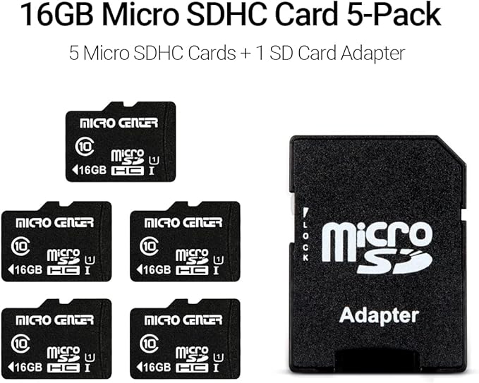 Micro Center 16GB Class 10 Micro SDHC Flash Memory Card with Adapter for Mobile Device Storage Phone, Tablet, Drone & Full HD Video Recording - 80MB/s UHS-I, C10, U1 (5 Pack)